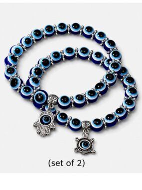 (Set 2) Evil Eye Beaded Bracelet Hamsa Hand Palm Charm Stretch Nazar Protection